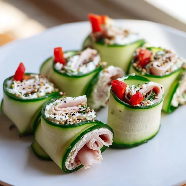 Vibrant photo of cucumber roll-ups, showcasing the layered textures for a light and tasty bite.