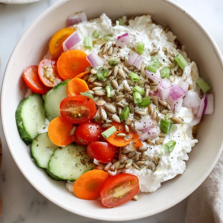Enjoy a quick and easy cottage cheese snack bowl, drizzled with olive oil, ready for a delicious bite.