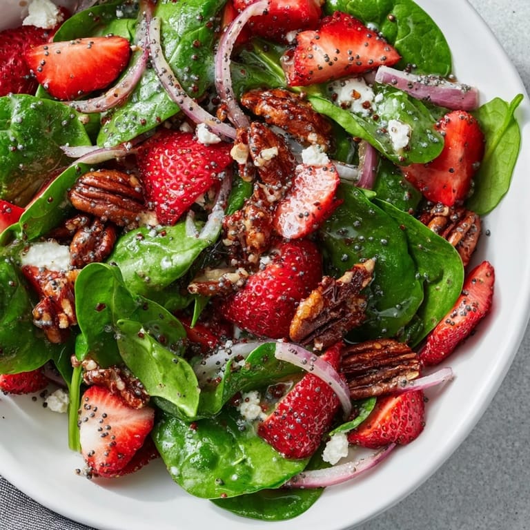 A close-up of a refreshing Strawberry Spinach Salad, perfect for a light vegetarian meal.