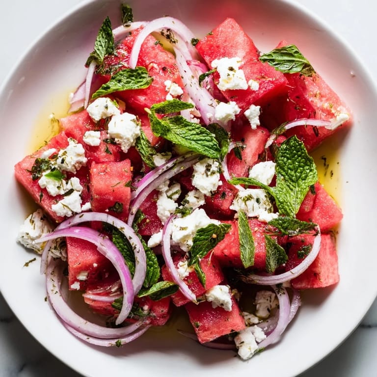 A close-up view of the simple watermelon feta salad drizzled with a zesty lime dressing.