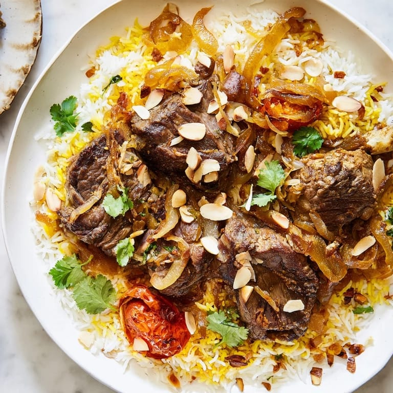Aromatic Qatari Majboos with tender lamb and fluffy rice, garnished with almonds and fresh cilantro, a flavorful main dish.