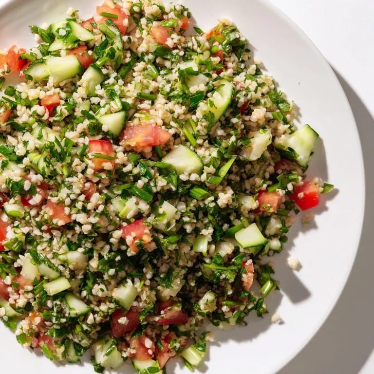 Bright, refreshing Lebanese Tabbouleh Salad: a close-up of the finely chopped parsley and bulgur wheat.