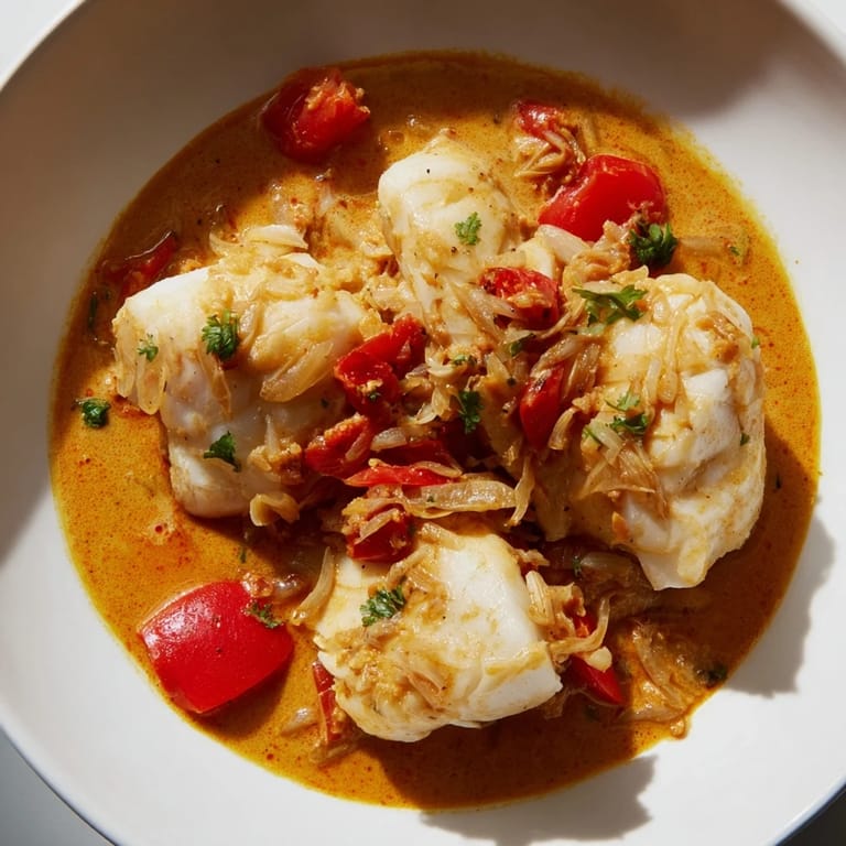 A steaming bowl of Bahraini Fish Curry, garnished with green herbs, ready for a comforting and delicious meal.