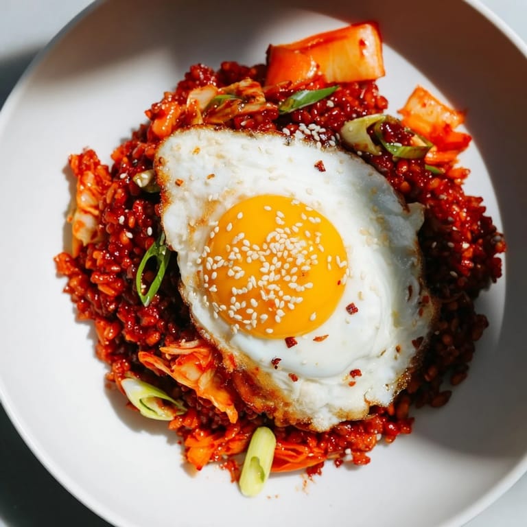 Savory and spicy kimchi fried rice with colorful vegetables and sesame seeds, a comforting dish.