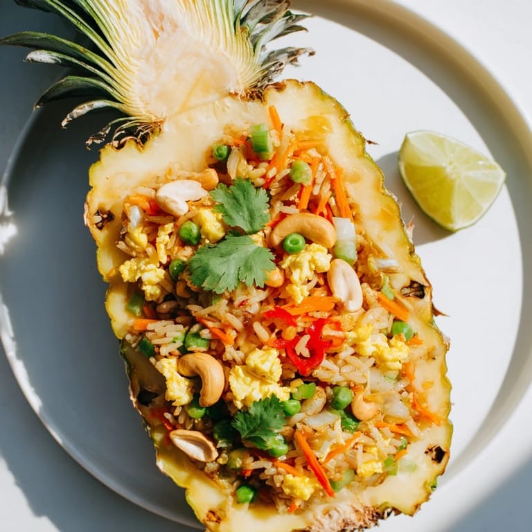 Golden Pineapple Fried Rice with colorful vegetables, cashews, and raisins, ready to be enjoyed as a main dish.