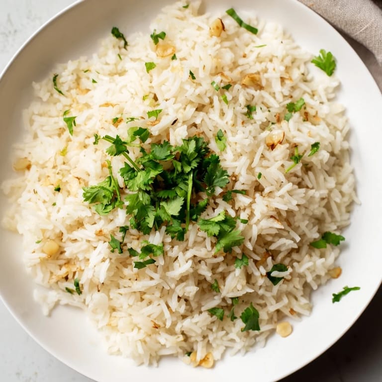 Steaming jasmine rice with garlic, tender and aromatic, ideal with stir-fries.