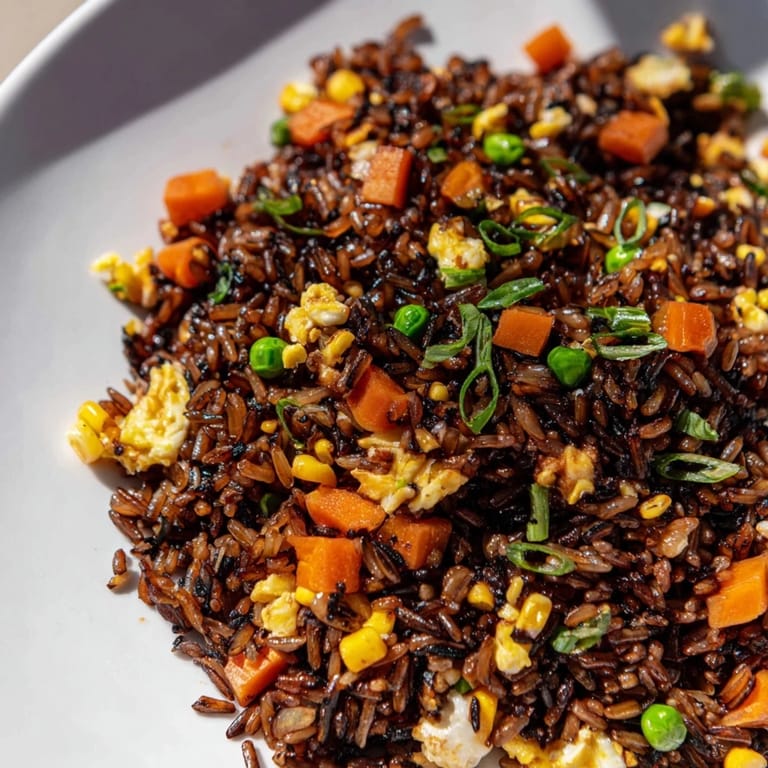 Savory Black Garlic Fried Rice topped with green scallions, showcasing the flavorful ingredients and textures.