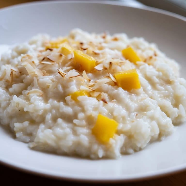 A bowl of fresh coconut rice sweet with a hint of vanilla, perfect for a gluten-free dessert.
