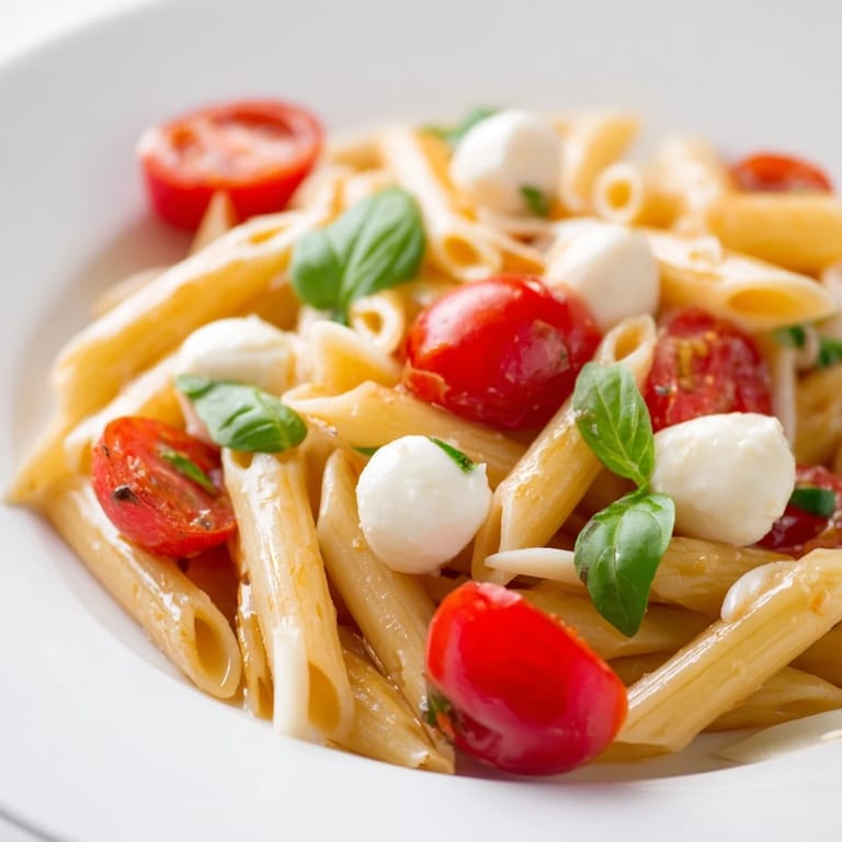 A fresh serving of Caprese Salad Pasta, combining ripe cherry tomatoes, creamy mozzarella, and fragrant herbs.
