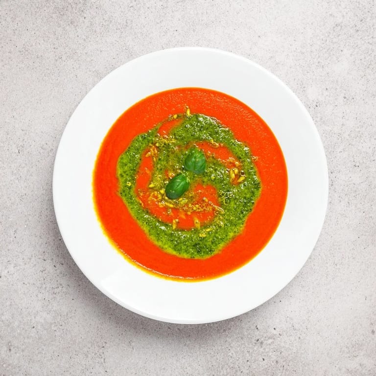 Velvety tomato soup with pesto swirl, paired with crusty bread, perfect for a cozy, comforting vegetarian meal.