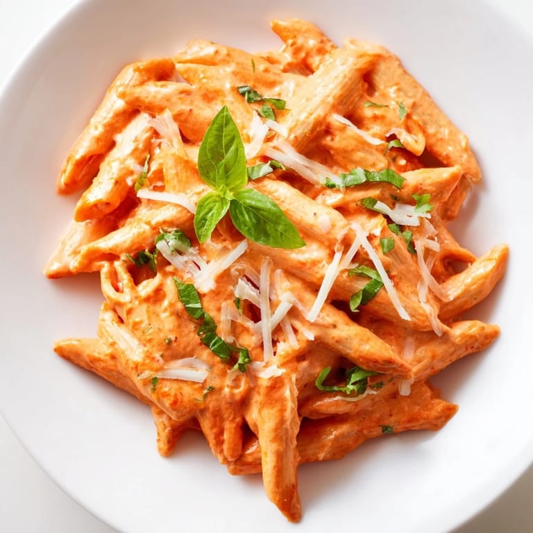 Warm creamy roasted red pepper pasta served on a rustic wooden table.
