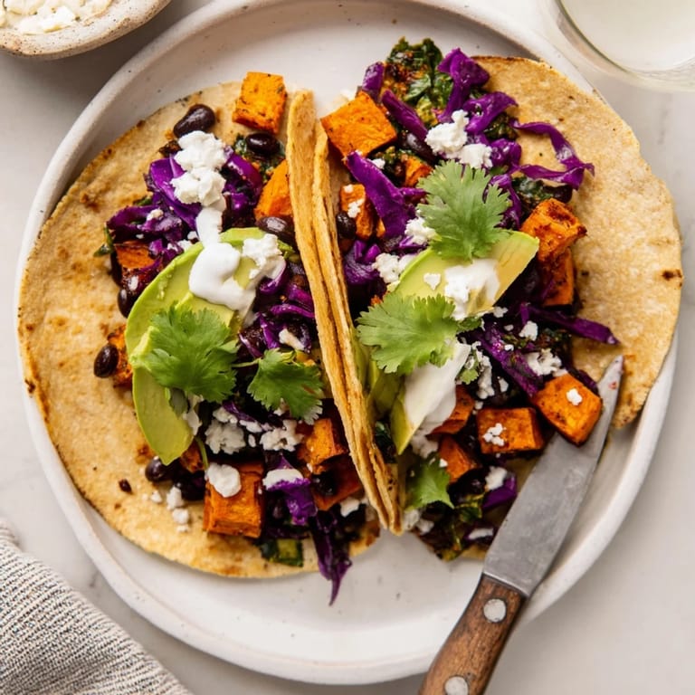 Vibrant black bean and sweet potato tacos garnished with avocado, cabbage, and a dollop of vegan sour cream.