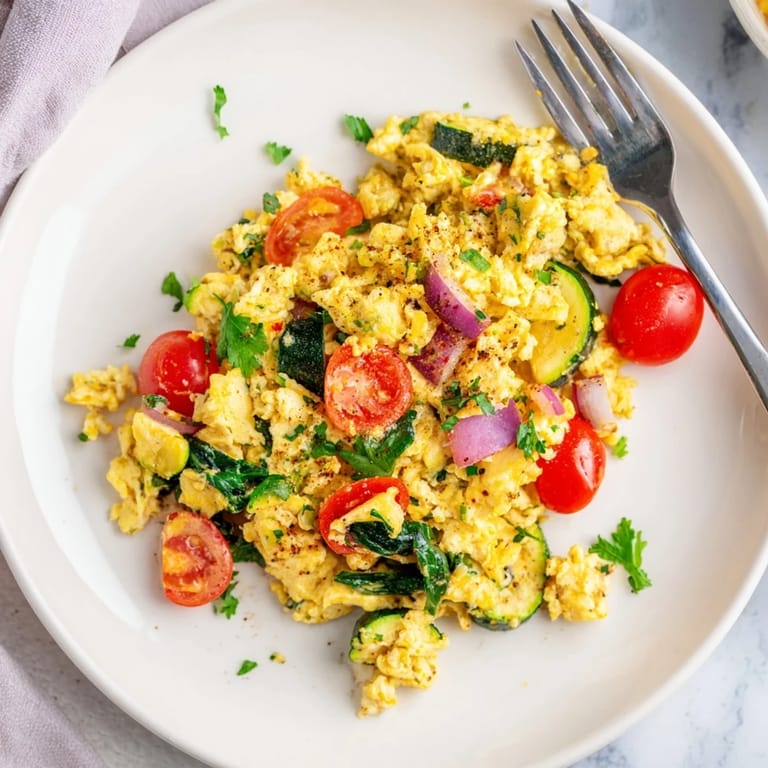 A close-up of a light and fluffy Egg and Vegetable Scramble, garnished with chives and served alongside buttered toast.