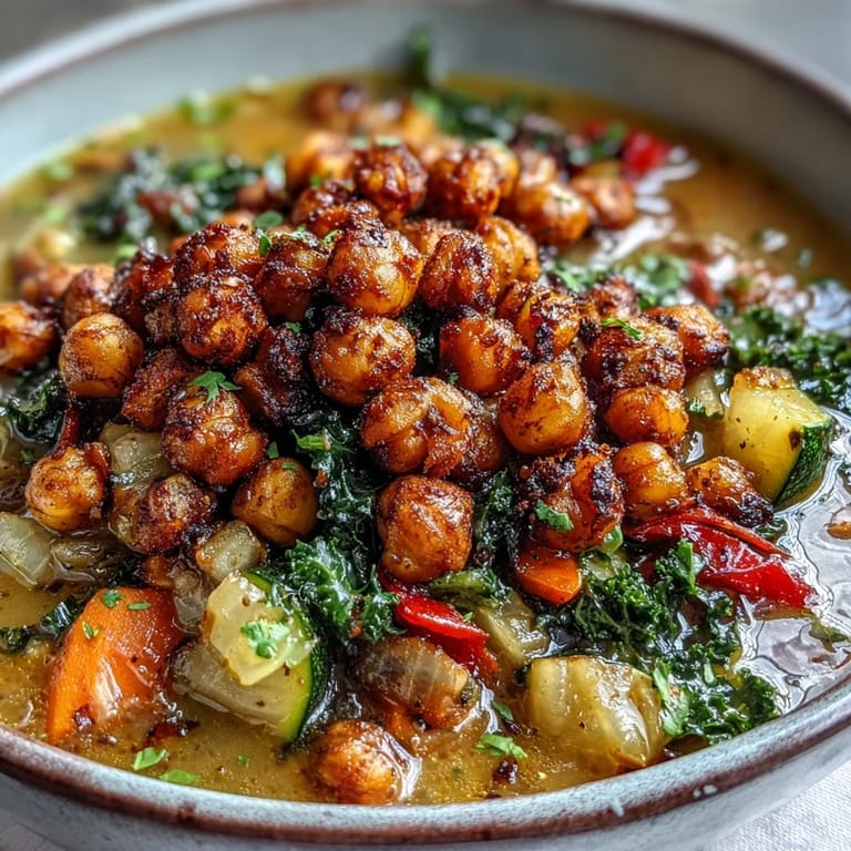 Savor a warm serving of spiced chickpea and vegetable soup, perfect for dinner.