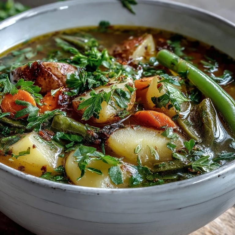 Savory Potato and Vegetable Soup in a bowl, garnished with fresh parsley.