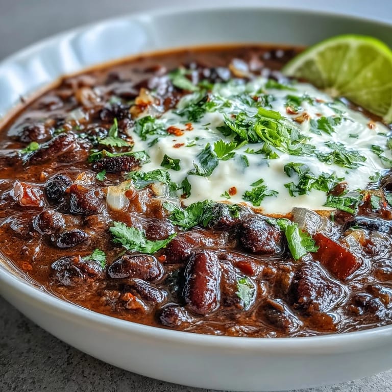 Rich, spiced black bean soup served steaming hot in a bowl.