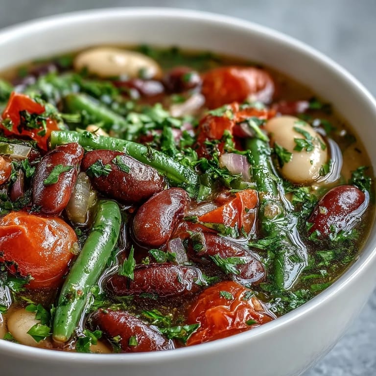 Tangy Three-Bean Salad Soup, a vegetarian delight, served steaming hot in a bowl.