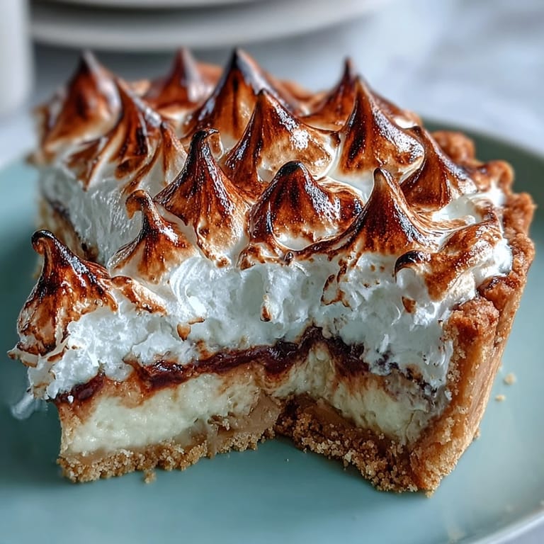 Overhead view of a homemade Lemon Meringue Pie with a flaky, golden pastry crust and fluffy, toasted meringue peaks.
