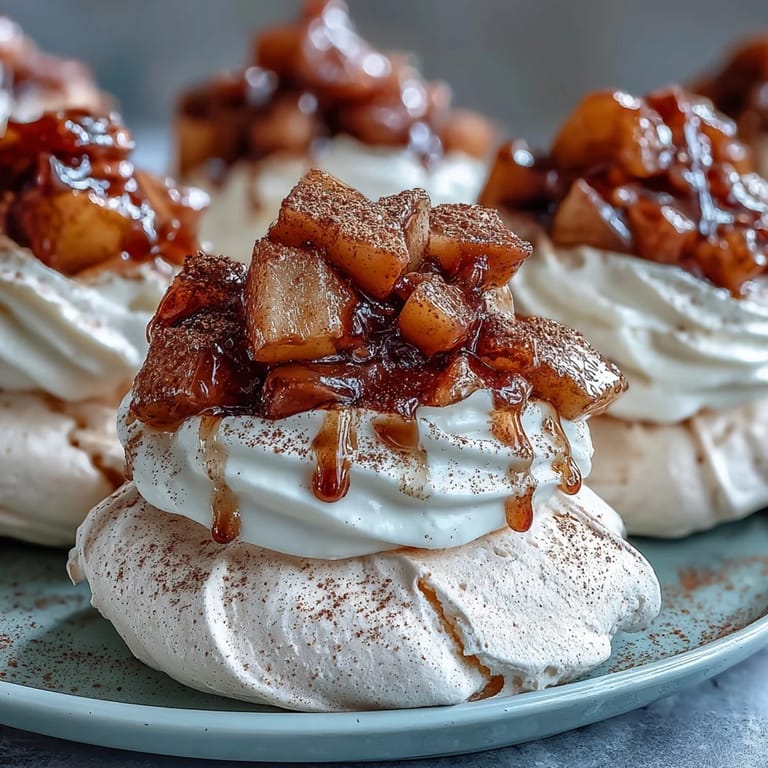 Mini Hot Toddy Pavlovas presented with soft whipped topping and whisky-soaked pears, garnished with a dusting of cinnamon.
