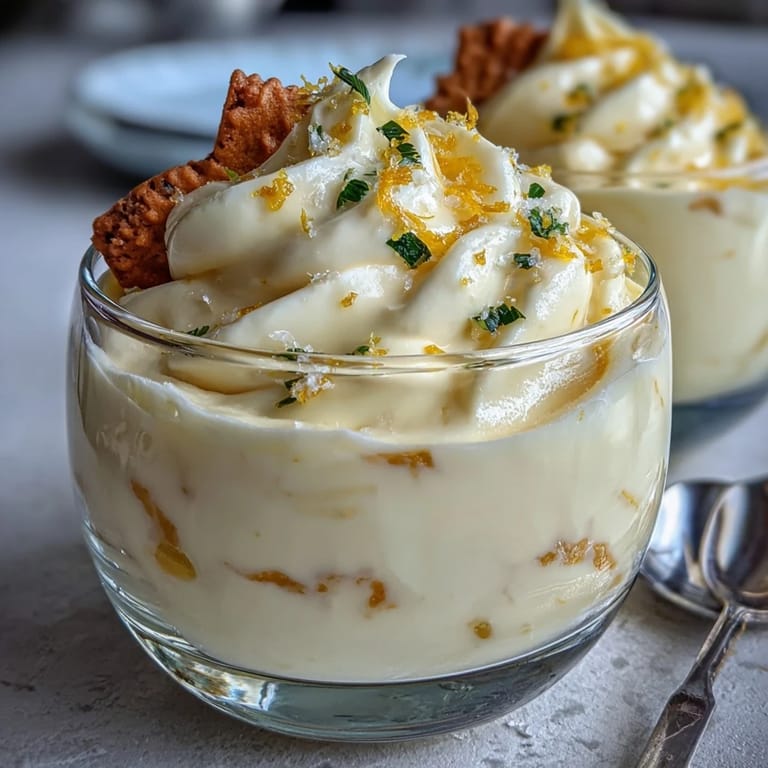 A simple British Lemon Fool served in elegant glasses, layered with bright lemon cream and fresh whipped cream for an easy dessert.  