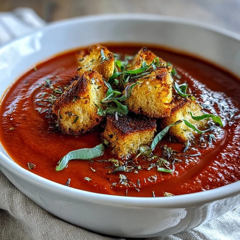 Close-up of a spoon lifting Roasted Red Pepper Soup, revealing the velvety texture next to crispy croutons.