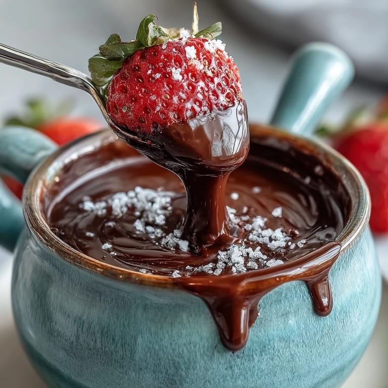 Glossy Boozy Chocolate Fondue in a pot with sliced bananas and pound cake cubes, ready to serve.