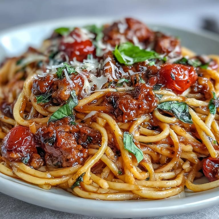 Close-up of Italian Drunken Noodles with shrimp, showcasing a vibrant red sauce with onions, garlic, and cherry tomatoes, garnished with torn basil and a lemon wedge for brightness.