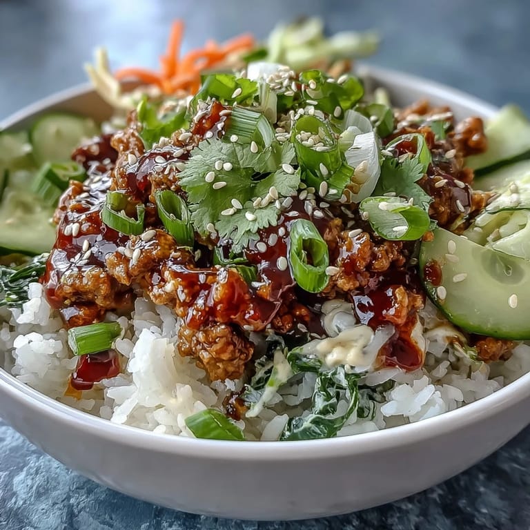 Hearty Bang Bang Ground Turkey Rice Bowls feature juicy turkey, crisp veggies, and a creamy, tangy chili mayo drizzle.