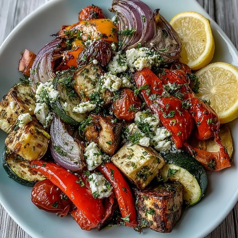 Freshly roasted Mediterranean Greek Vegetables garnished with Kalamata olives, feta, and a bright lemon drizzle, perfect for a vibrant vegetarian dinner.