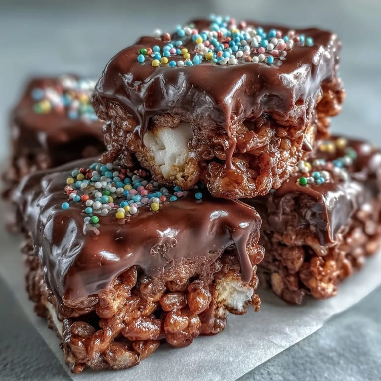 A hand lifts a bite-sized piece of Chocolate Covered Rice Krispy Treats, revealing the crispy cereal and gooey marshmallow interior.