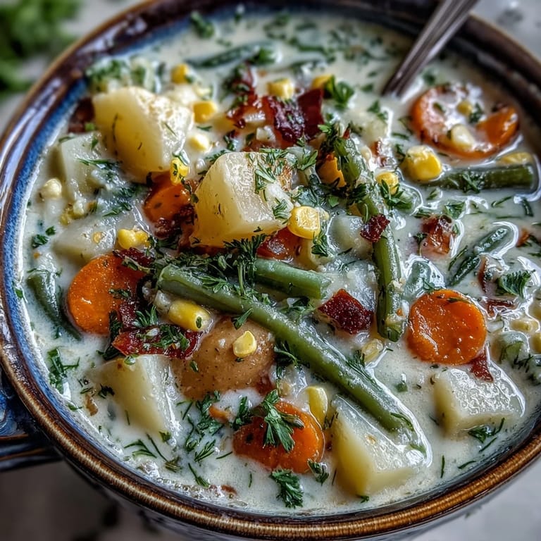 Comforting Amish Snow Day Soup served hot, surrounded by crusty bread on a rustic table.