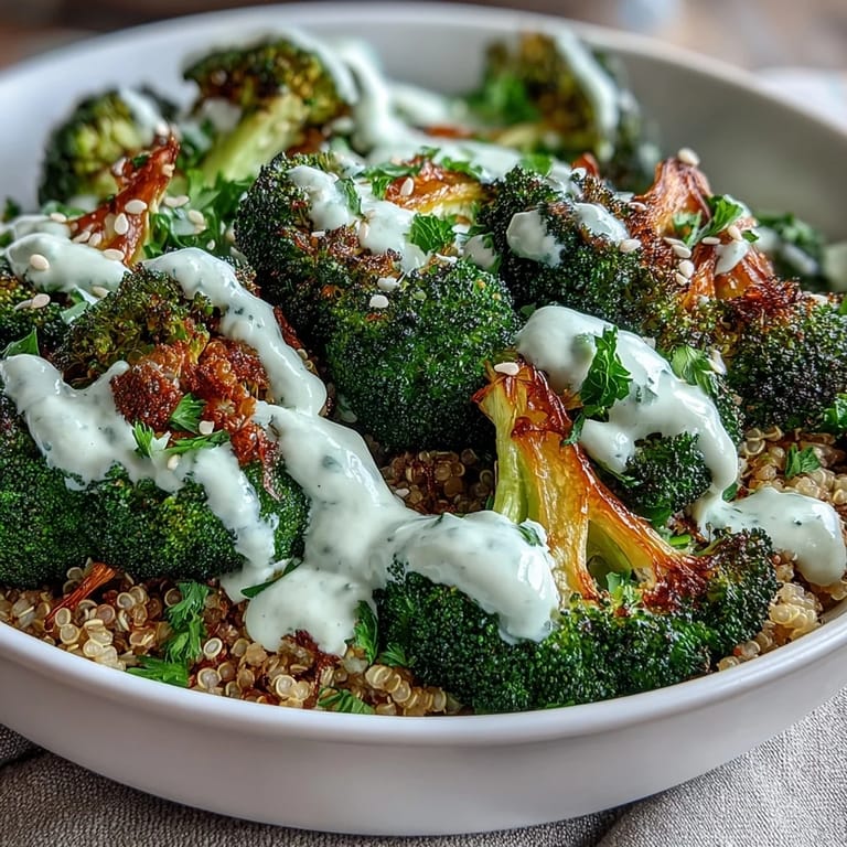 A close-up of a roasted broccoli bowl, creamy tahini drizzle, avocado slices, and a warm, wholesome Mediterranean-inspired lunch.