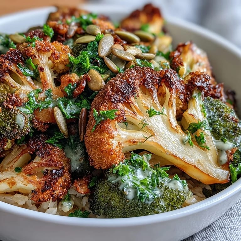 Close-up of a savory Roasted Brassica Bowl with crisp-tender vegetables and grains, ready to enjoy on a dinner table.