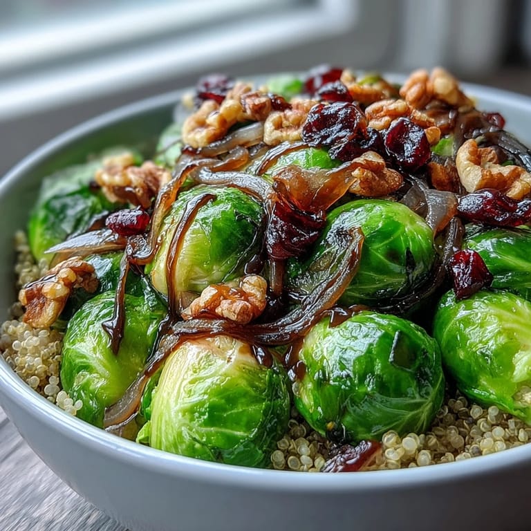 Hearty roasted Brussels sprouts and grains coated in tangy balsamic glaze, served warm in a nourishing vegan dinner bowl.