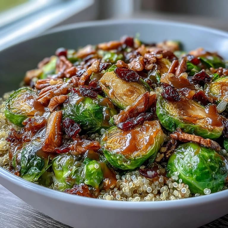 Roasted Brussels Sprouts Bowl garnished with toasted walnuts, dried cranberries, and pumpkin seeds for a wholesome, fiber-rich lunch.