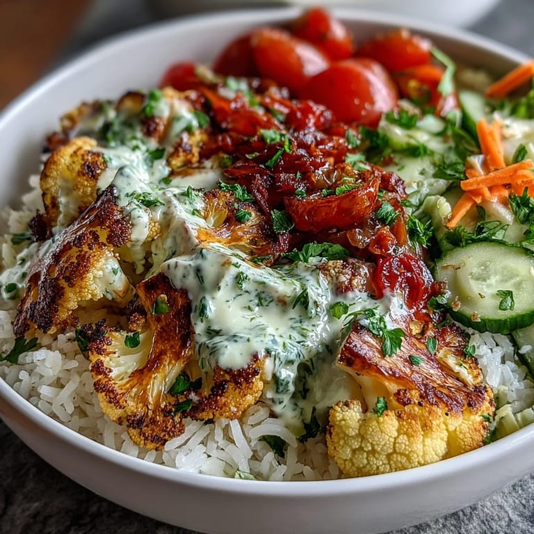 Gluten-free Roasted Cauliflower Bowl featuring aromatic basmati rice, crisp cucumber and carrots, and rich tahini dressing for a colorful meal.