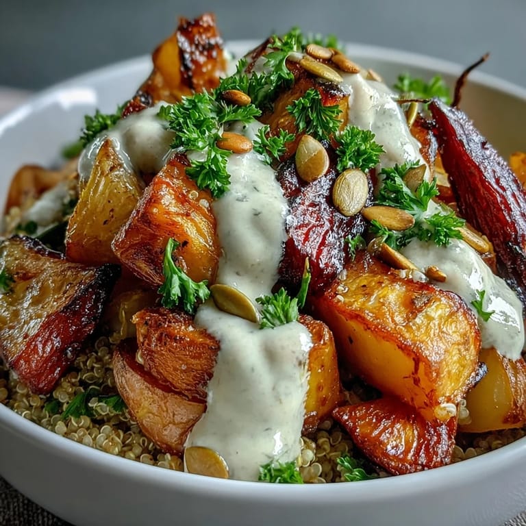 A vibrant Roasted Root Vegetable Bowl served over quinoa, finished with a lemony tahini drizzle and fresh herbs for a nourishing meal.