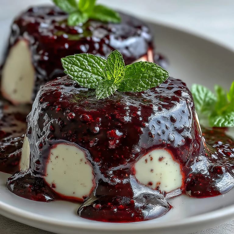 A small glass jar filled with smooth black currant sauce, ready to be served over vanilla ice cream or panna cotta.