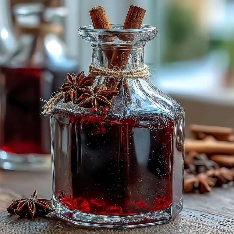 A chilled glass of Homemade Spiced Blackcurrant Vodka Liqueur poured over clear ice cubes, garnished with a fresh blackcurrant sprig.