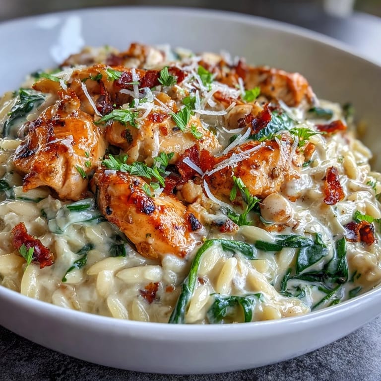 Cozy Lemon Orzo with Chicken and Spinach, a vibrant Mediterranean-inspired pasta meal with Parmesan and a hint of chili.