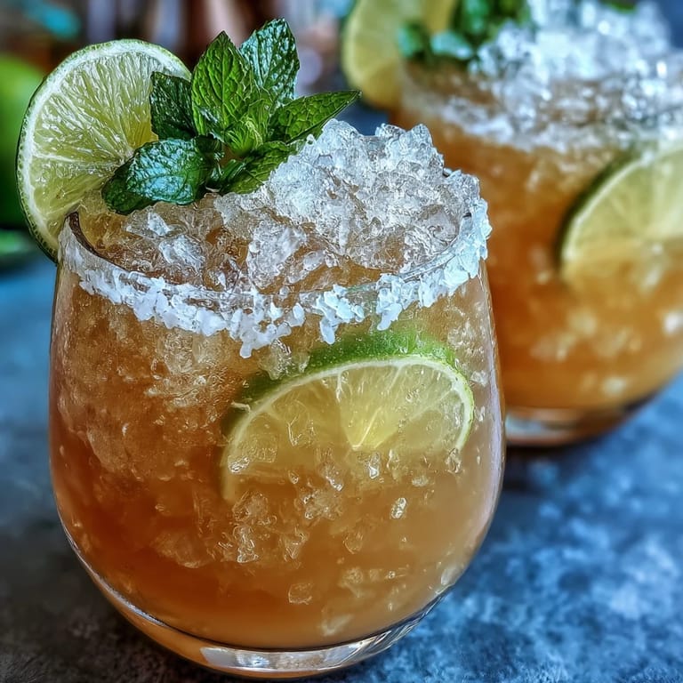 Bright lime and orange mocktail with effervescent bubbles, garnished with mint and served in glasses with a salted rim.