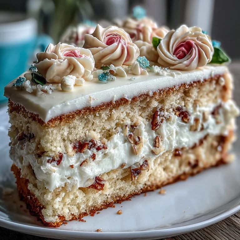 Beautiful vanilla sheet cake with buttercream flowers, an elegant centerpiece for a First Communion celebration.