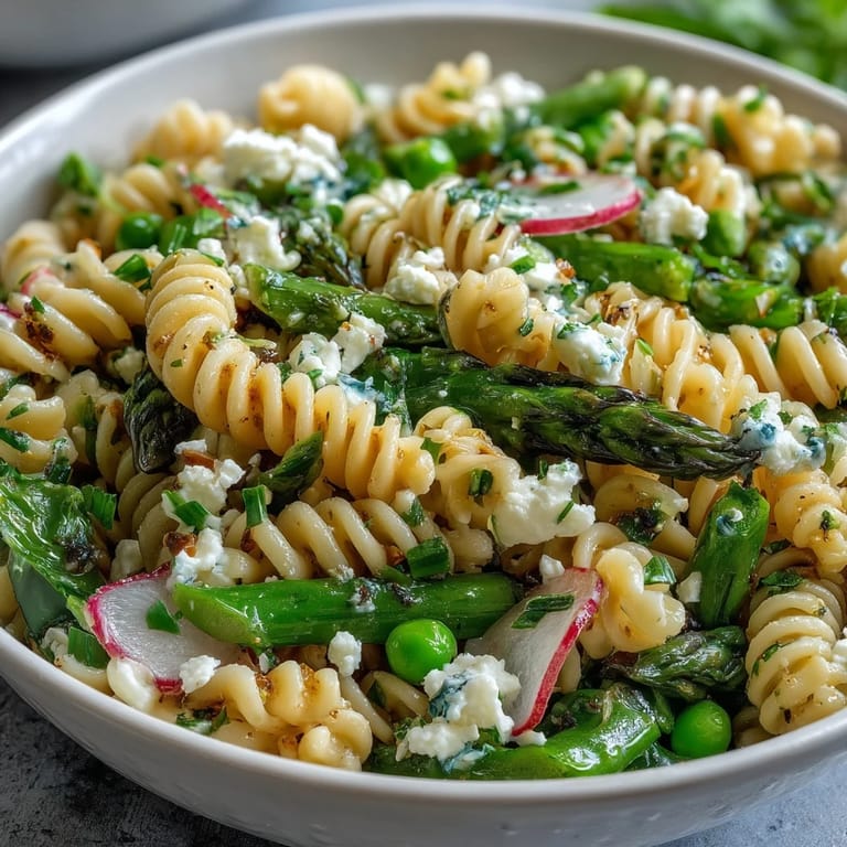 Vibrant pasta salad with asparagus, sugar snap peas, and radishes tossed in a zesty lemon vinaigrette for a refreshing spring meal.