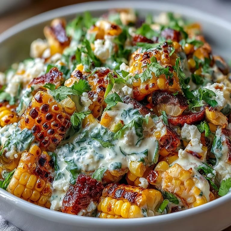 Mexican Street Corn Salad with zesty chili-lime dressing, topped with crumbled Cotija and served with fresh lime wedges.