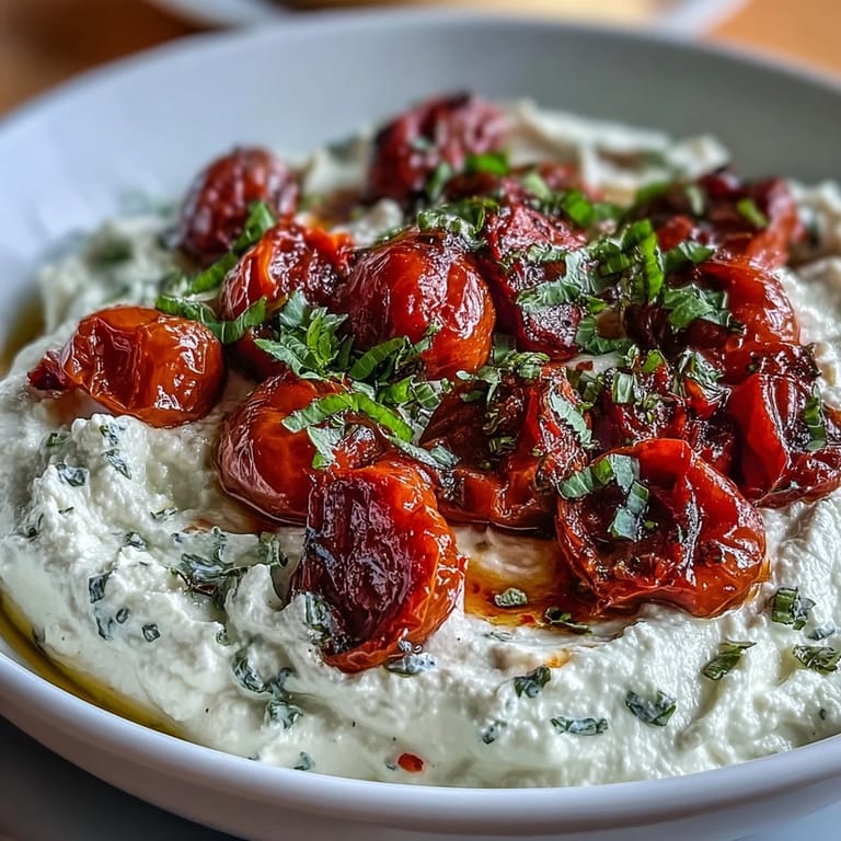 Creamy whipped feta dip served with roasted cherry tomatoes, a Mediterranean appetizer perfect for parties or snacks.