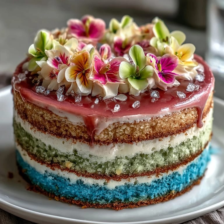 Stunning pastel ombre cake featuring layered shades of pink, yellow, and blue, topped with a vibrant edible floral arrangement perfect for special occasions.