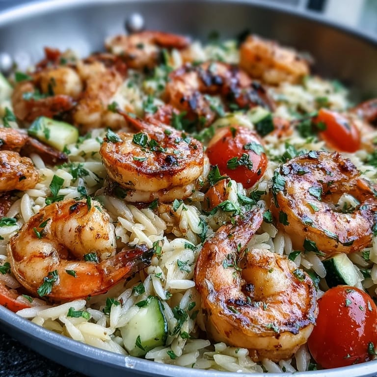 Juicy shrimp and tender orzo simmered in lemon butter sauce with colorful vegetables, garnished with parsley.