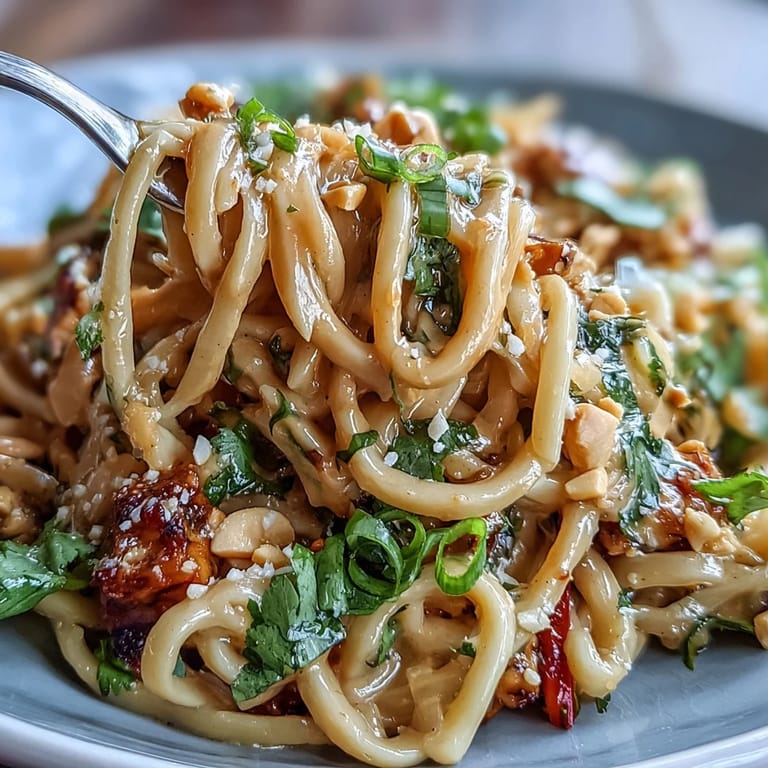 Colorful Thai Peanut Noodle Salad tossed with crunchy bell peppers, carrots, and cucumber in a silky peanut-lime dressing, garnished with cilantro and peanuts.