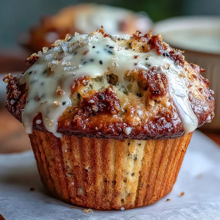 Bright and tender lemon poppy seed muffins topped with a glossy lemon glaze, poppy seeds visible in every golden crumb.