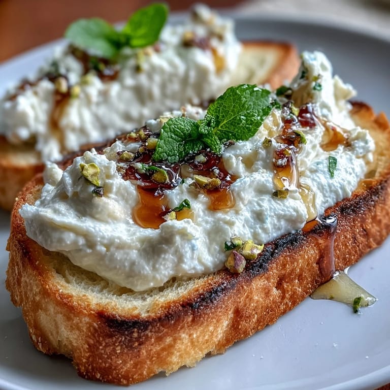 Golden-brown bruschetta topped with fluffy ricotta, crunchy pistachios, and a honey drizzle for an elegant Italian starter.